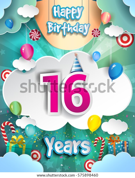 16 Years Birthday Design Greeting Cards Stock Vector (Royalty Free ...