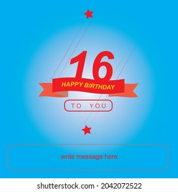 16 years birthday, happy birthday banner with star shape and red ribbon. very nice vector design