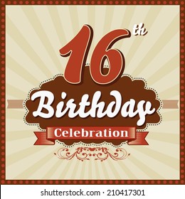 16 years celebration, 16th happy birthday retro style card - vector eps10