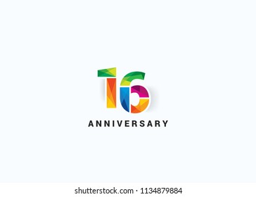 16 Years colorful Anniversary design with Low Poly style font number isolated on white background.