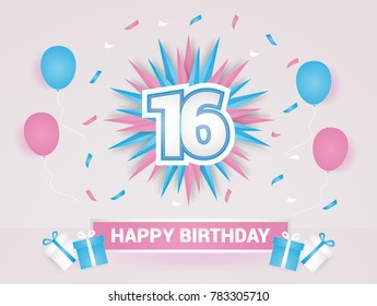 16 Years Colorful Happy Birthday Card Logotype using Paper Cut Style.