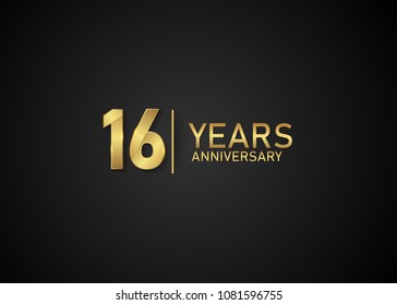 16 Years gold anniversary banner vector illustration isolated on black background