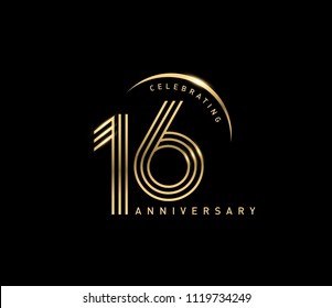 16 years gold anniversary celebration simple logo, isolated on dark background. celebrating Anniversary logo with ring and elegance golden color vector design for celebration, 