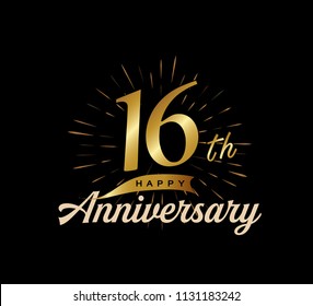 16 years gold anniversary celebration simple logo, isolated on dark background