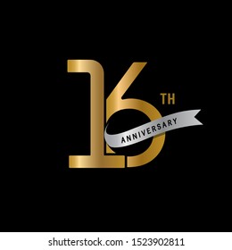 16 years gold anniversary celebration simple logo, isolated on dark background. celebrating Anniversary logo with ring and elegance golden color vector design for celebration,