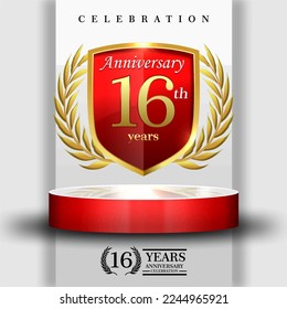 16 years gold anniversary celebration logo with 3d red cylinder podium , isolated on grey background