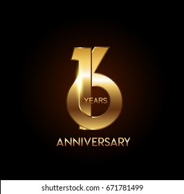 16 years gold anniversary celebration overlapping number logo, isolated on dark background