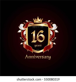 16 Years Gold Anniversary Logo Using Heraldic Theme, Colorful and Isolated on white background