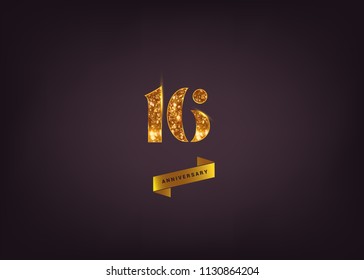 16 Years gold Anniversary logotype made from golden glitter isolated on black background for company celebration event, birthday