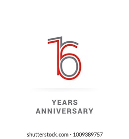 16 Years Golden Anniversary Design using multi liner font number, red and grey colored. isolated on white background