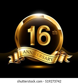 16 years golden anniversary logo celebration with ring and ribbon.