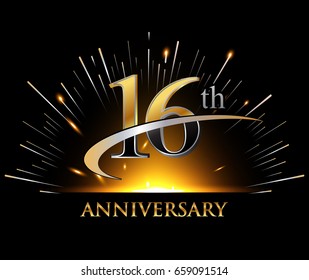 16 years golden anniversary logo celebration with firework and swoosh on dark background