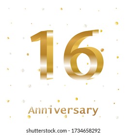 16 Years Golden Anniversary Vector Logo Design. Poster template for Celebrating. 