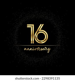 16 years golden number for anniversary with golden glitter and line on a black background