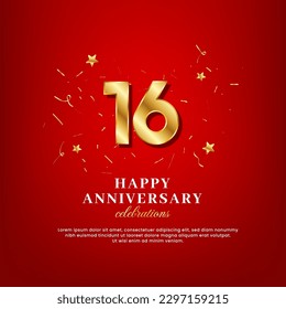 16 years of golden numbers, anniversary celebrating text, ad anniversary congratulation text with golden confetti spread on a red background