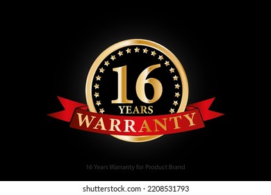 16 years golden warranty logo with ring and red ribbon isolated on black background, vector design for product warranty, guarantee, service, corporate, and your business.