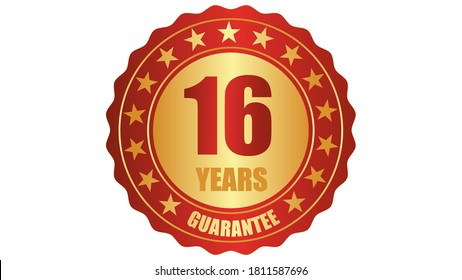 16 years guarantee stamp icon or a guarantee tag, badge, label, original certified concept seal vector illustration, logo isolated on white background and golden red text