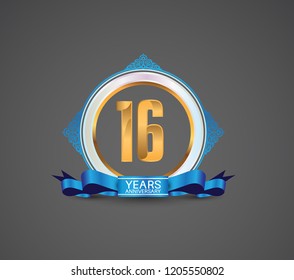 16 years logotype anniversary design with white ring, blue ornament and ribbon for use celebration event of your company, party, wedding and precious moment