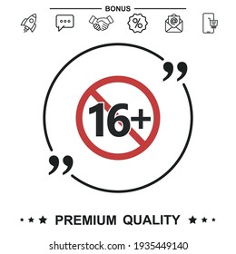 16 years old age limit line icon. With quote symbol