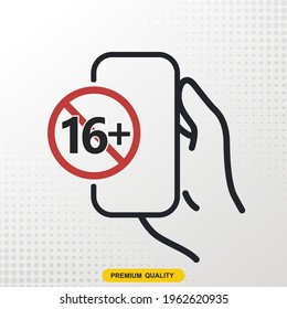 16 years old age limit line icon. With phone and hand icon