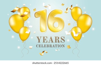 16 years old birthday. Happy birthday greeting. Golden numbers 16 and balloons on celestial background. 