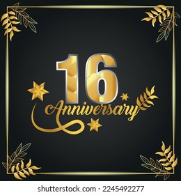 16 years old luxurious logo. anniversary year of vector gold colored template framed of palms.
