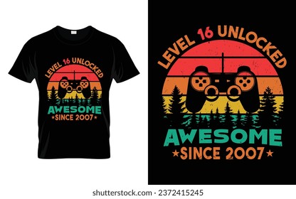 16 Years Old Retro Vintage 16th Birthday Level 16 Unlocked Awesome Since 2007Funny Video Gaming Gift t-shirt