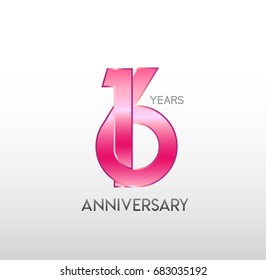 16 years pink anniversary. with overlapping number. for business, corporate, wedding, love, valentine logo celebration