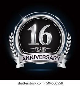 16 years silver anniversary logo with laurel wreath, ribbon and silver ring. vector design