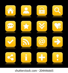 16 yellow gold satin icon with white basic sign on rounded square web button with color reflection on black background. This vector illustration internet design element save in 8 eps