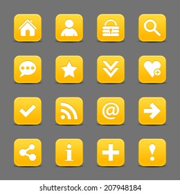 16 yellow satin icon with white basic sign on rounded square web button with black shadow on dark gray background. This vector illustration internet design element save in 8 eps