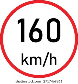 Sinal de trânsito com limite de velocidade de 160 km/h com círculo vermelho sobre fundo branco - Símbolo de regulamentação da velocidade máxima, sinalização de restrição da velocidade máxima, aviso de regra de segurança e transporte da condução, ícone de controlo da velocidade da estrada para gestão do tráfego e sensibilização para a segurança rodoviária.