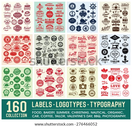 160 Labels and Logotypes design set. Retro Typography design. Badges, Logos, Borders, Arrows, Ribbons, Icons and Objects.