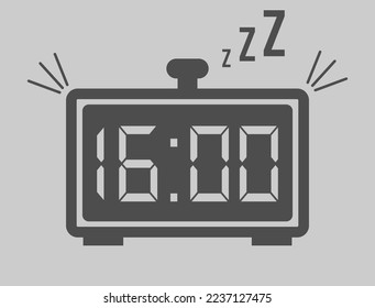 16:00 hours digital alarm clock. Vector with alarm clock marking time. Design for telling time with sleep icon