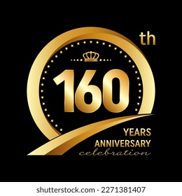 160th Anniversary Celebration Logo design with golden ring and crown for anniversary celebration event, invitation, wedding, greeting card, banner, poster, flyer, brochure. Logo Vector Template