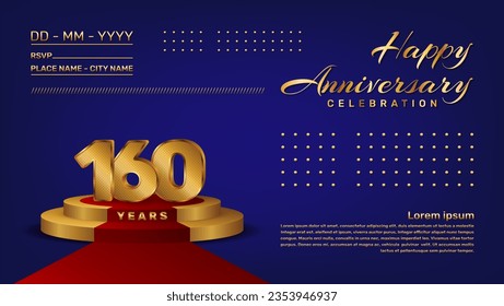 160º aniversario de celebración plantilla vectorial con estilo de números 3D y etapa dorada, plantilla vectorial