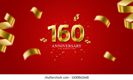 160th anniversary. Gold Numbers with shadow and sparkling confetti. Modern elegant gradient red background design vector EPS 10. For wedding party or company event decoration.
