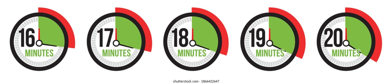 16,17,18,19,20 minutes timer, stopwatch or countdown icon. Time measure. 
