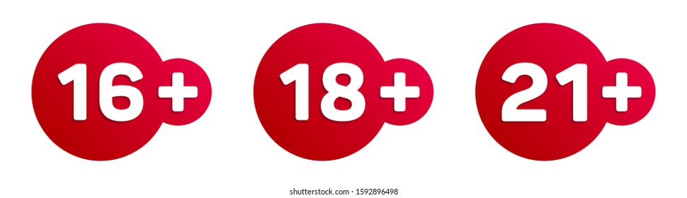 16,18,21 plus years old signs vector set. Adults content icons. 16,18,21 + age restriction signs vector icons. Sixteen, eighteen and trenty one plus years stickers, labels, red badges