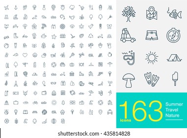 163 line icons for summer, travel and nature. Big set of professional line icons