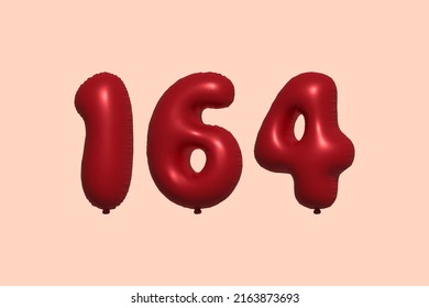 164 3d number balloon made of realistic metallic air balloon 3d rendering. 3D Red helium balloons for sale decoration Party Birthday, Celebrate anniversary, Wedding Holiday. Vector illustration