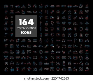 164 travel vacation vector isolated on black background icons set. Graph symbol for travel and tourism web site and apps design, logo, app, UI