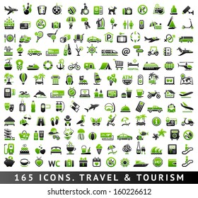 165 bicolor (green and gray) icons. Travel and Tourism, vector illustrations