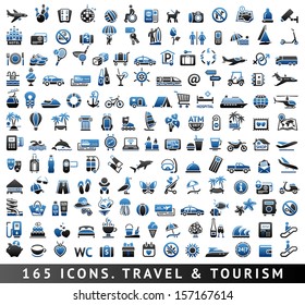 165 bicolor icons. Travel and Tourism, blue symbols