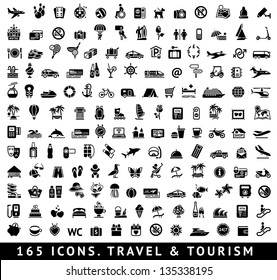 165 icons. Travel symbols and Tourism signs, vector illustration