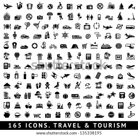 165 icons. Travel symbols and Tourism signs, vector illustration