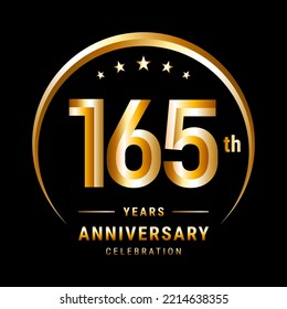 165th Anniversary, Logo design for anniversary celebration with gold ring isolated on black background, vector illustration