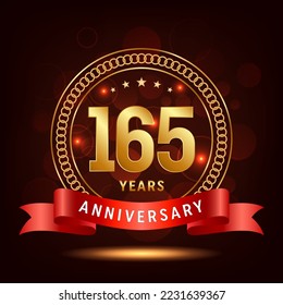 165th Anniversary Logo Design. Golden number 165 with sparkling confetti and ribbon, Vector Template Illustration