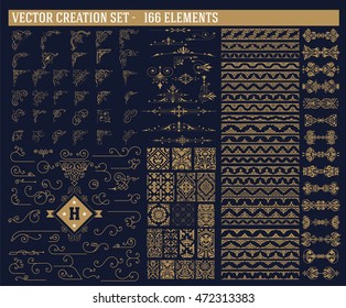 166 elements set. Corners, accents, borders and patterns set