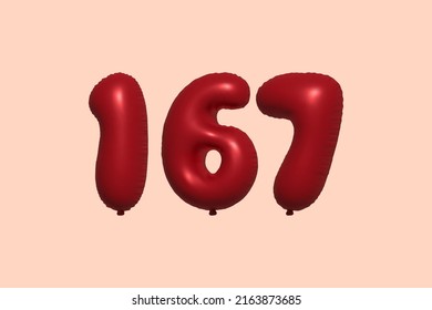 167 3d number balloon made of realistic metallic air balloon 3d rendering. 3D Red helium balloons for sale decoration Party Birthday, Celebrate anniversary, Wedding Holiday. Vector illustration